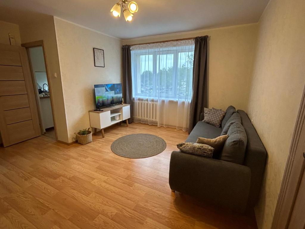 a living room with a couch and a television at Welcome Valmiera in Valmiera