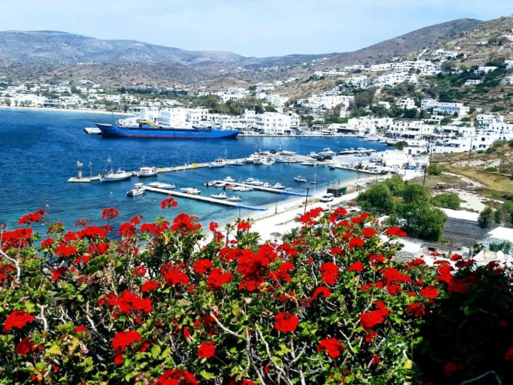 a group of boats in a harbor with red flowers at Artistic Villa Aqua Ios in Ios Chora
