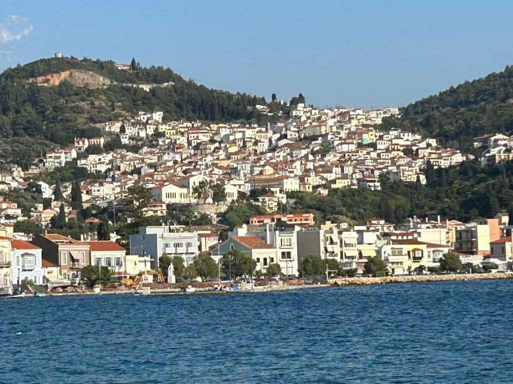 a town on a hill next to a body of water at Samos Vista Azzurra 1 in Samos