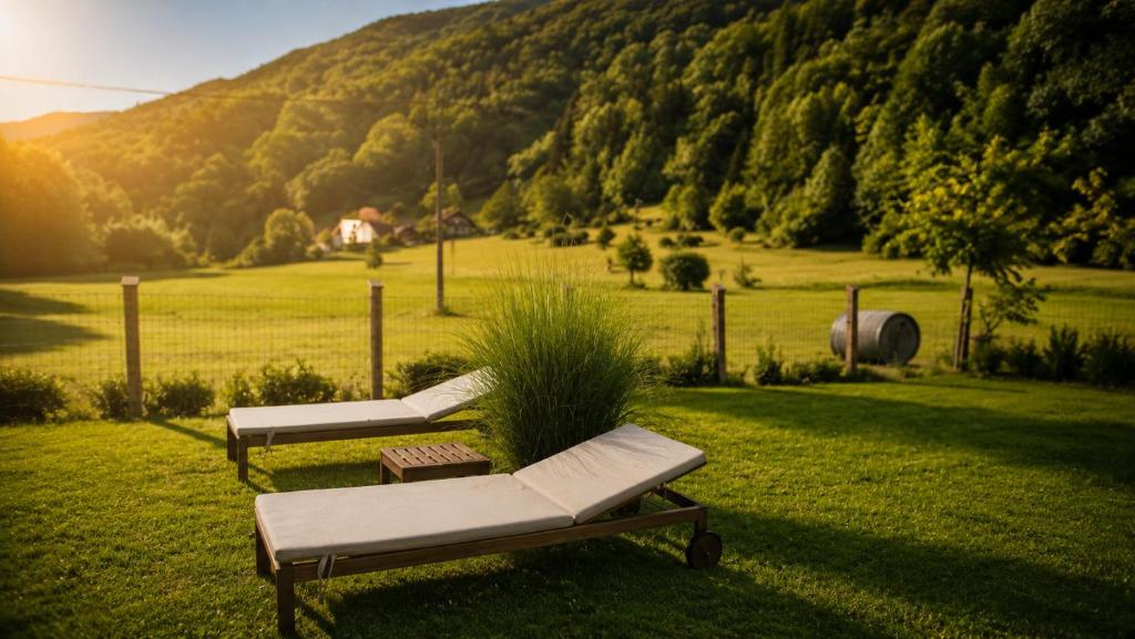 two chaise lounges on the grass in a field at Rooms Jagoda I Cozy Alpine Stay Near Bled in Blejska Dobrava