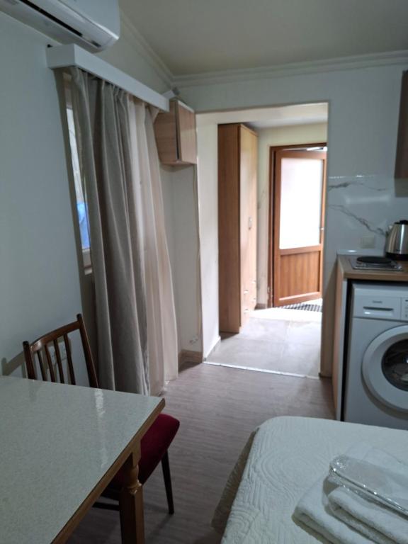 a kitchen with a table and a washing machine at Shorena apartments in Tbilisi City