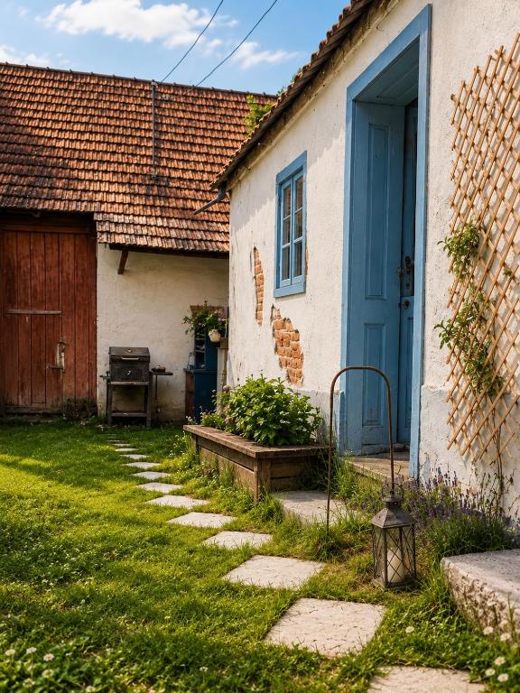 a house with a blue door and a yard at Blue Cottage in Şpring