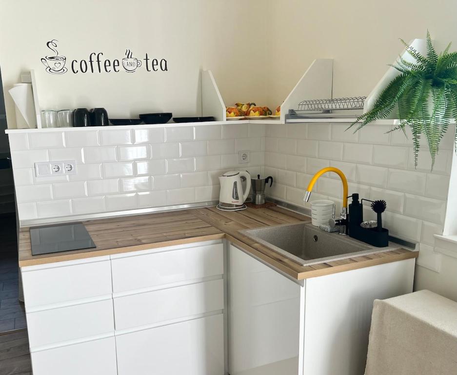 a kitchen with white cabinets and a sink at Borika Vip Apartments in Mezőkövesd