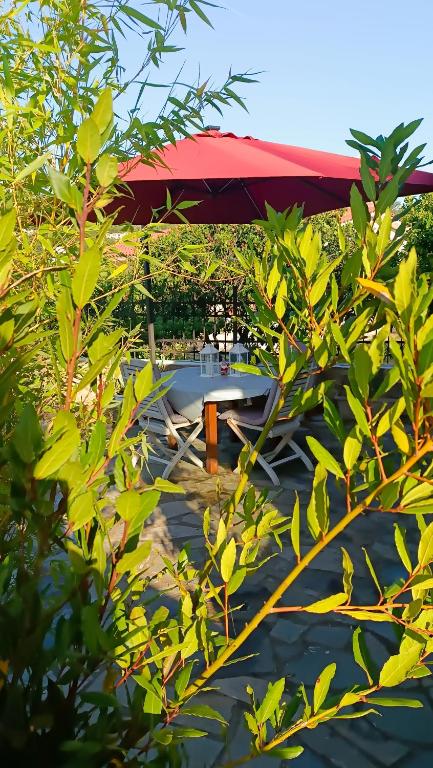 a picnic table with a red roof behind some trees at Lyra's house in Skiathos