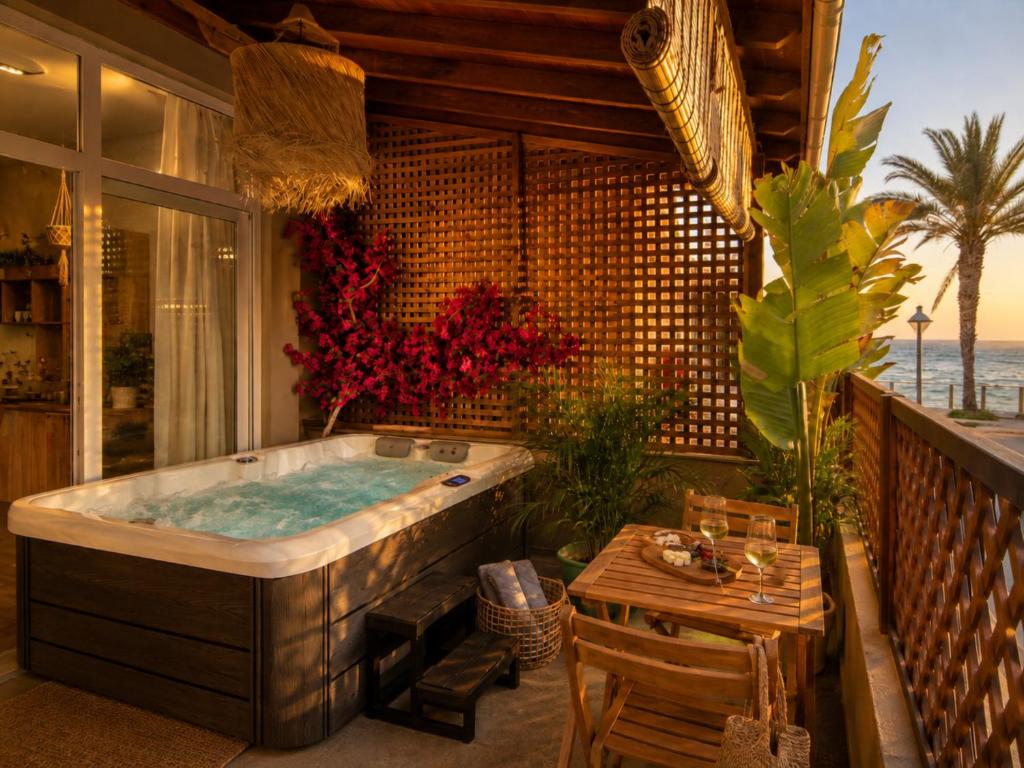 a jacuzzi tub in a room with a table at Ninemia Shore Retreat in Stalis in Stalís