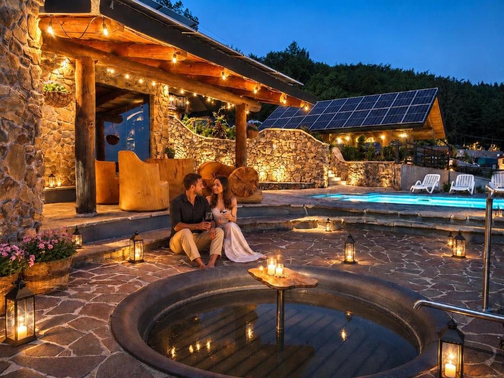 a couple sitting on a patio next to a pool at night at Bali domy RESORT & SPA in Laskowa