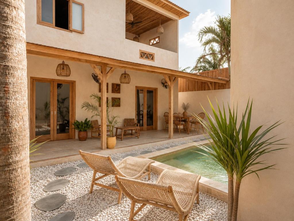 a villa with a swimming pool and a house at Villa Kampung in Gili Islands