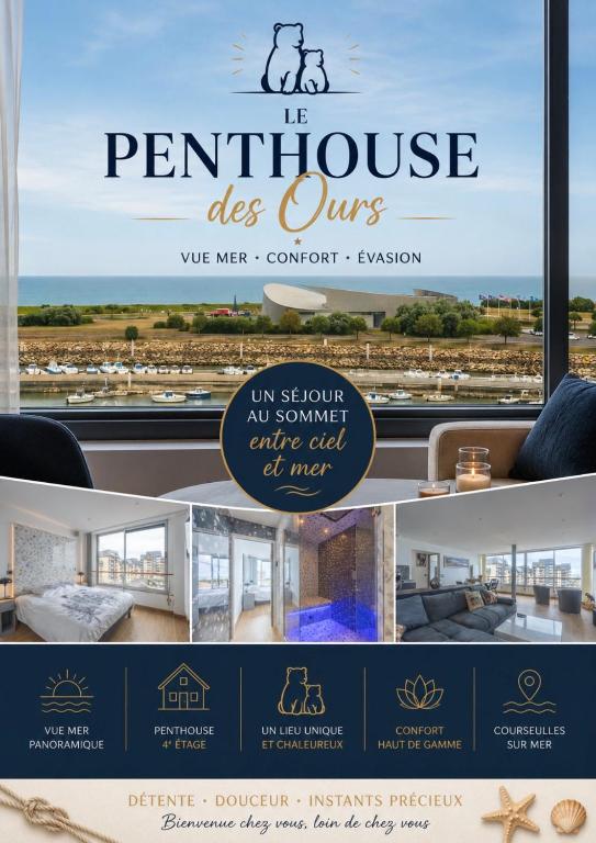 a collage of three pictures of a sign for the perth house desums at Le penthouse des ours in Courseulles-sur-Mer