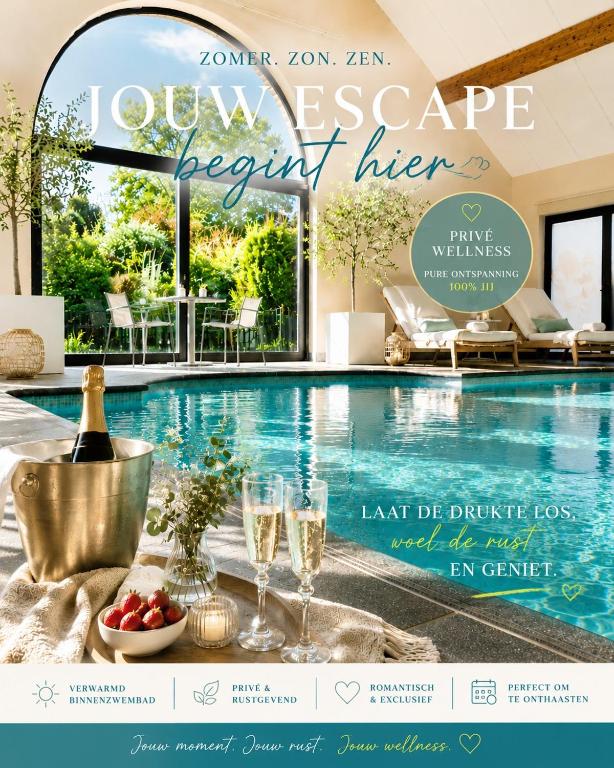 a magazine advertisement for a luxury hotel with a swimming pool at Cha Cha de Loup-B&B-Vakantiewoning met verwarmd binnenzwembad en groot zonneterras in de Ardennen in Rendeux