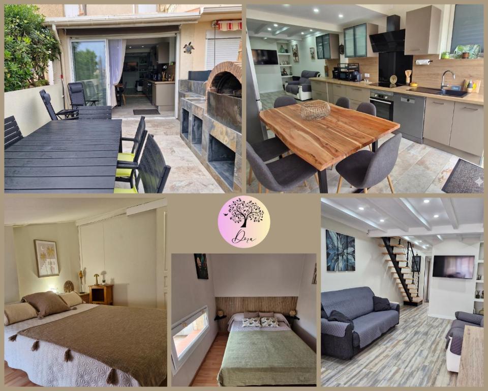 a collage of photos of a kitchen and a living room at Nouveau ! Maison Dora 4-6 pers à St Pierre La Mer proche de la plage et de toutes commodités à pied in Saint Pierre La Mer