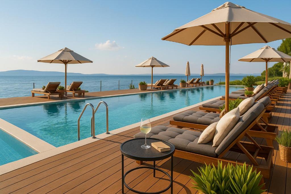 a swimming pool with chairs and umbrellas on a deck at Sunny resort apartment with pool access in Zadar