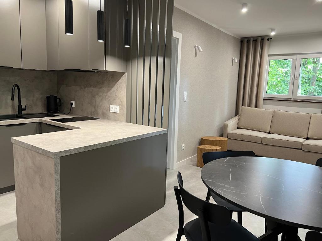 a kitchen and living room with a table and a couch at Skorzęcin Apartamenty Orla in Skorzęcin