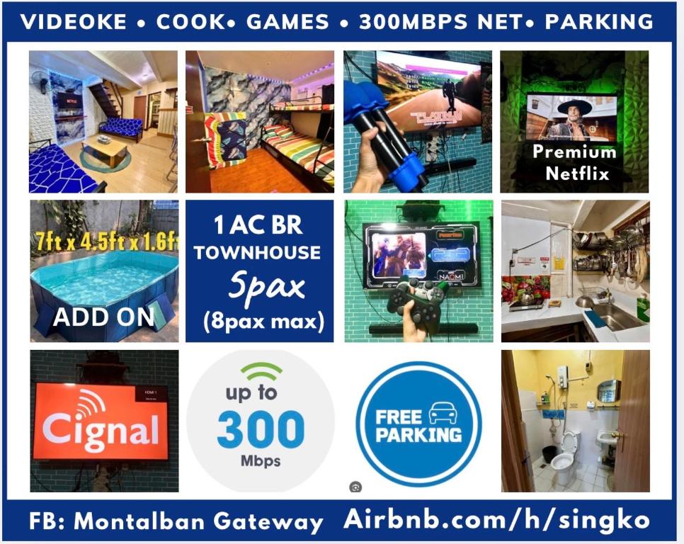 a collage of pictures of different things at MG 5pax 1 AC BR 300mbps FREE Netflix Parking Cignal Videoke Shower Heater Cook & Grill in Rodriguez