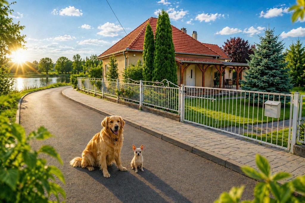 a dog and a cat sitting on a road in front of a house at Panna Ház in Jászapáti