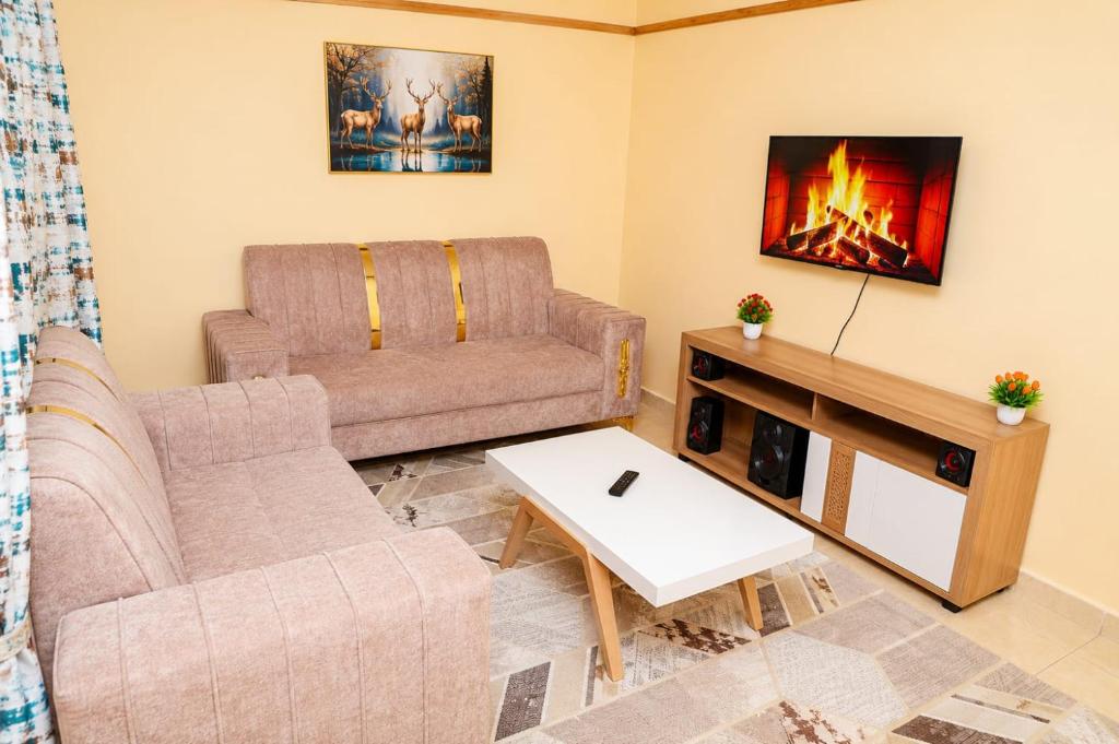 a living room with a couch and a fireplace at Almarg homes in Nakuru
