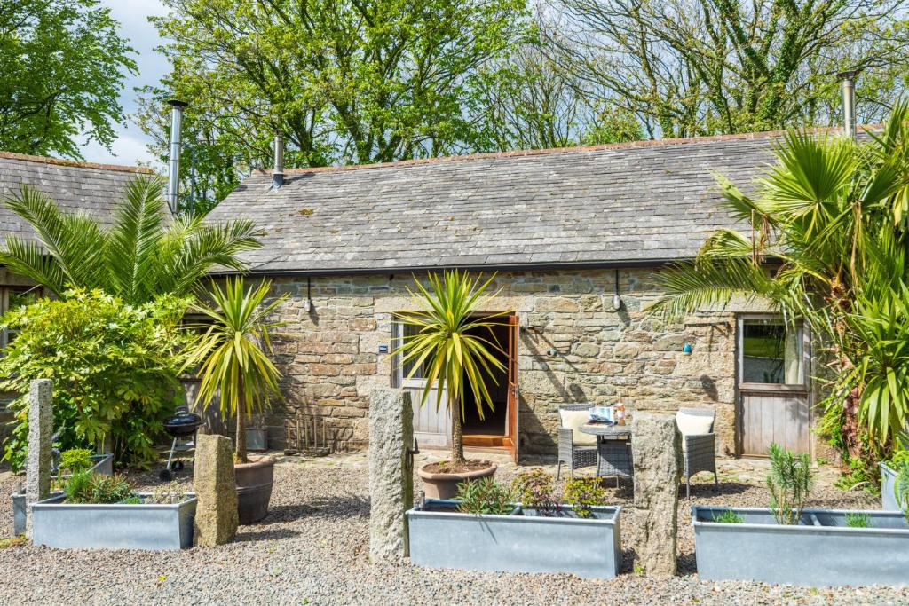 a stone cottage with palm trees in front of it at Shippon in Michaelstow