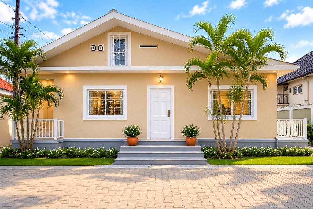 a house with palm trees in front of it at Milestone Terrace - Premium Apartment near Airport & Super U in Antananarivo