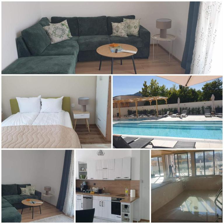 a collage of photos with a couch and a bedroom and a pool at Green apartment Velingrad in Velingrad