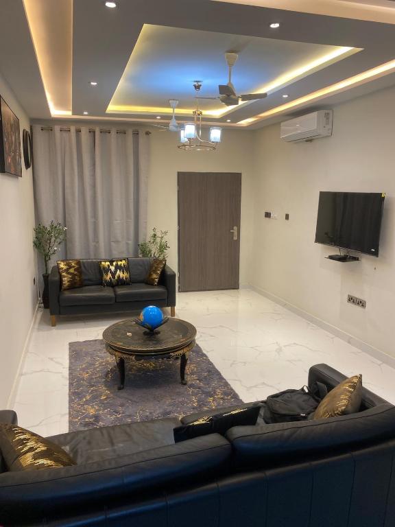 a living room with two couches and a tv at The Dunamis in Accra