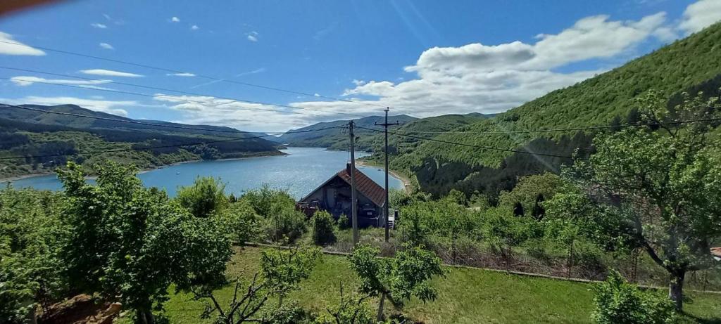 a house on a hill next to a lake at Apartmani Vlatkovic 1 Zavojsko jezero in Pirot