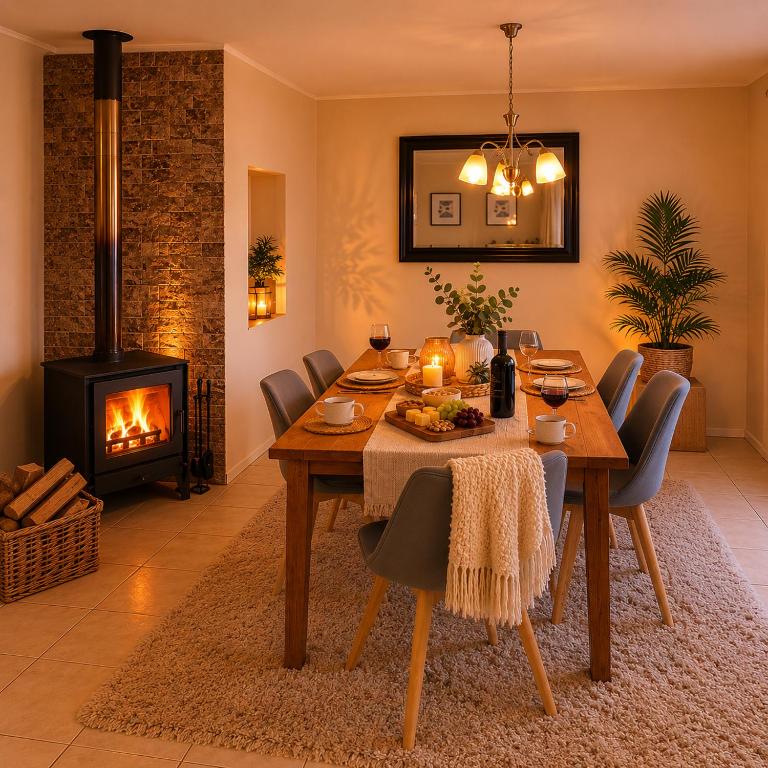 a dining room with a table and a fireplace at Acogedora casa Pucón 6 personas, terraza, bosca, estacionamiento in Pucón