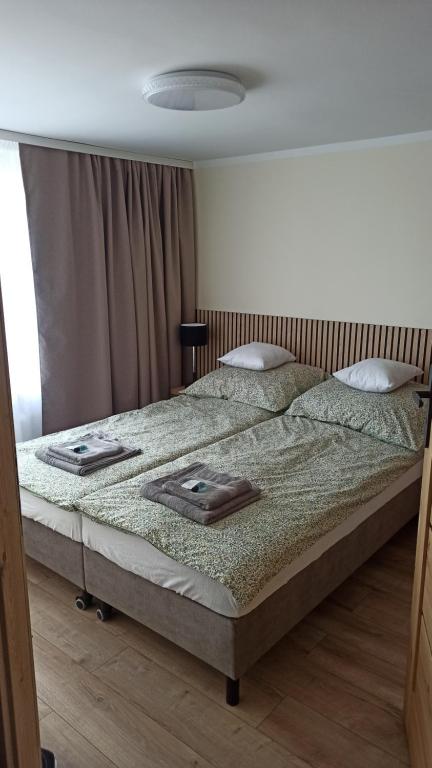 a bedroom with two beds and a large window at Giżycko WP30 in Giżycko
