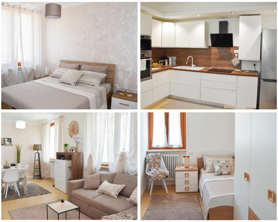 a collage of photos of a kitchen and a bedroom at 10 min from the lake, Spacious & Modern - Lalaland in Porto Ceresio