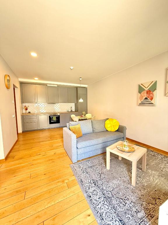 a living room with a couch and a table at Matas old town apartment in Kaunas