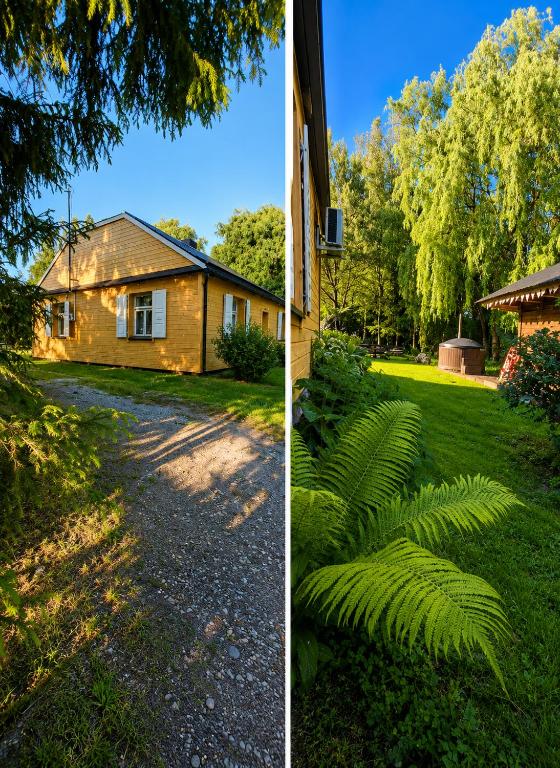 two pictures of a house and a yard at Agroturystyka całoroczna Ranczo Husinka in Husinka