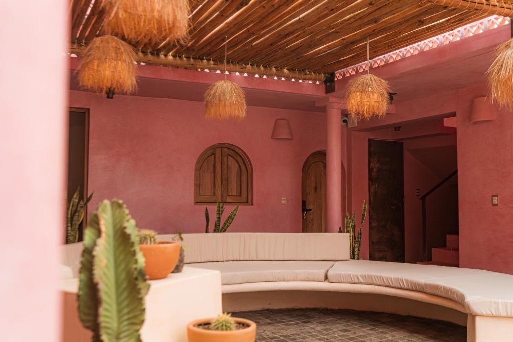 a living room with couches and potted plants at Hotel Casa Eteca in San Pedro y San Pablo Etla