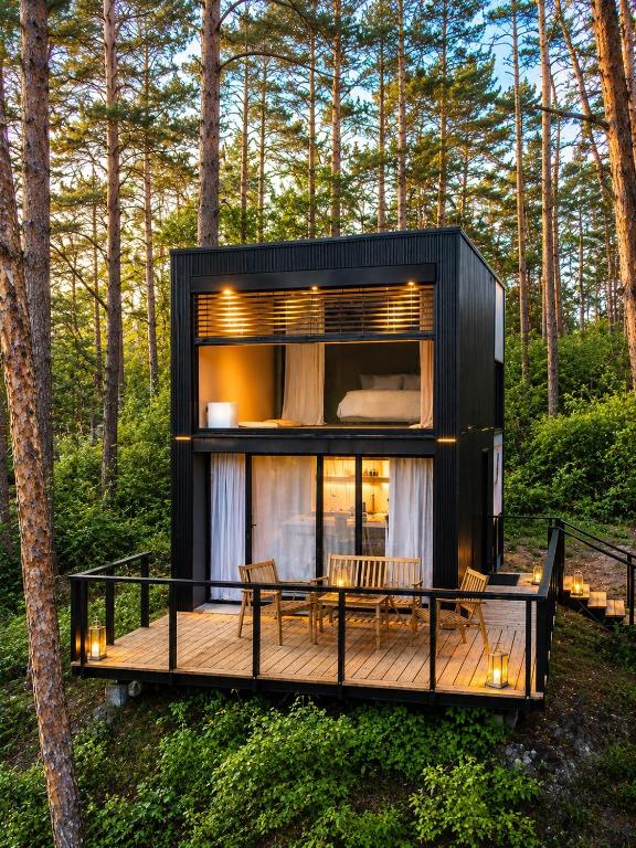 a black tiny house in the woods at Aura Glemp & SPA in Laukbeitini