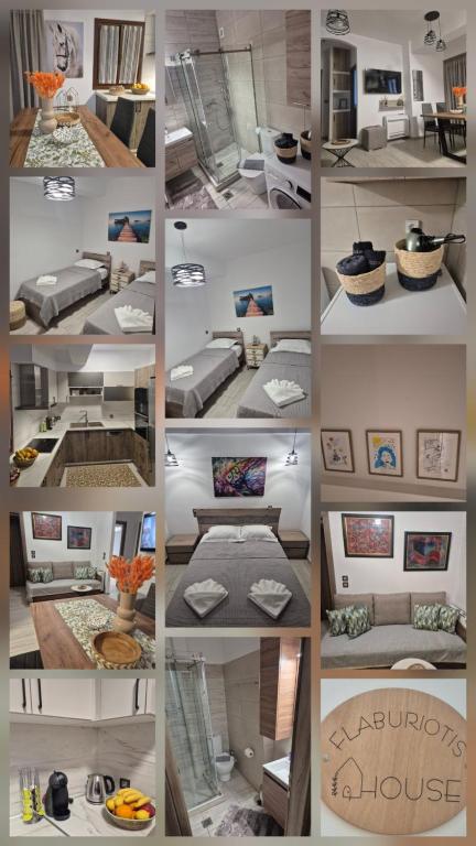 a collage of pictures of a living room at Flaburiotis House in Dhriopís