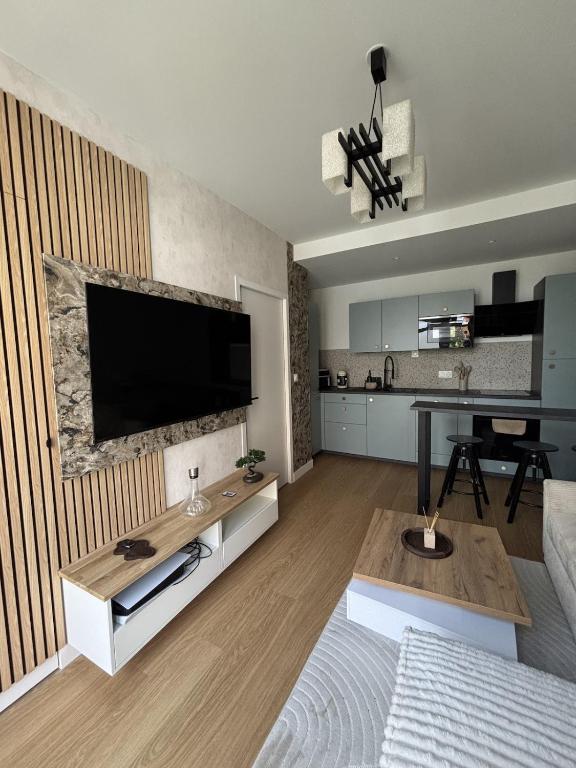 a living room with a flat screen tv on a wall at Appartement neuf & élégant- Centre Lorient in Lorient
