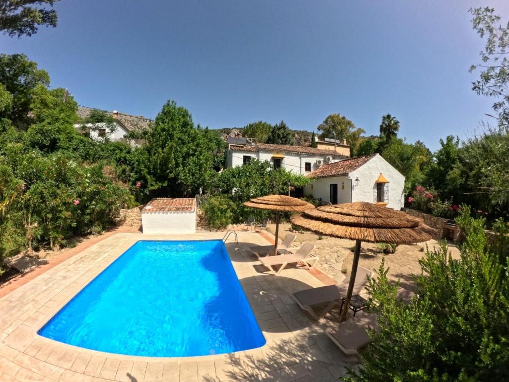 a swimming pool with umbrellas and a house at Molino del Caracol in Benaoján