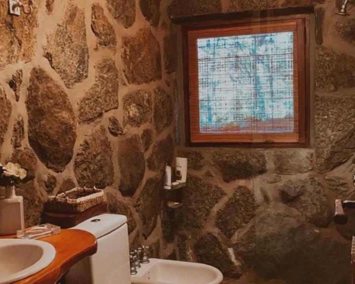 a stone bathroom with a toilet and a sink at Huellas de Berna in Villa Berna