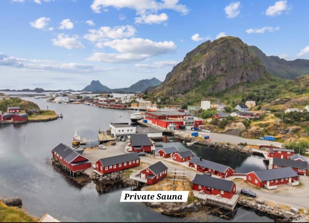 an aerial view of a small village on a river with mountains at Ytterviks Rorbu Lofoten With private Sauna in Stamsund