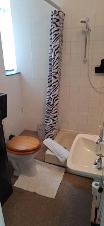 a bathroom with a toilet and a tub and a sink at Lee Cottage Appledore in Appledore