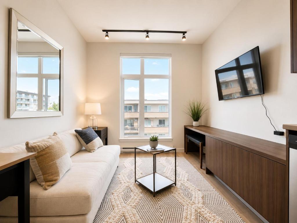 a living room with a couch and a tv at Lovely Brand New Condo in Sidney