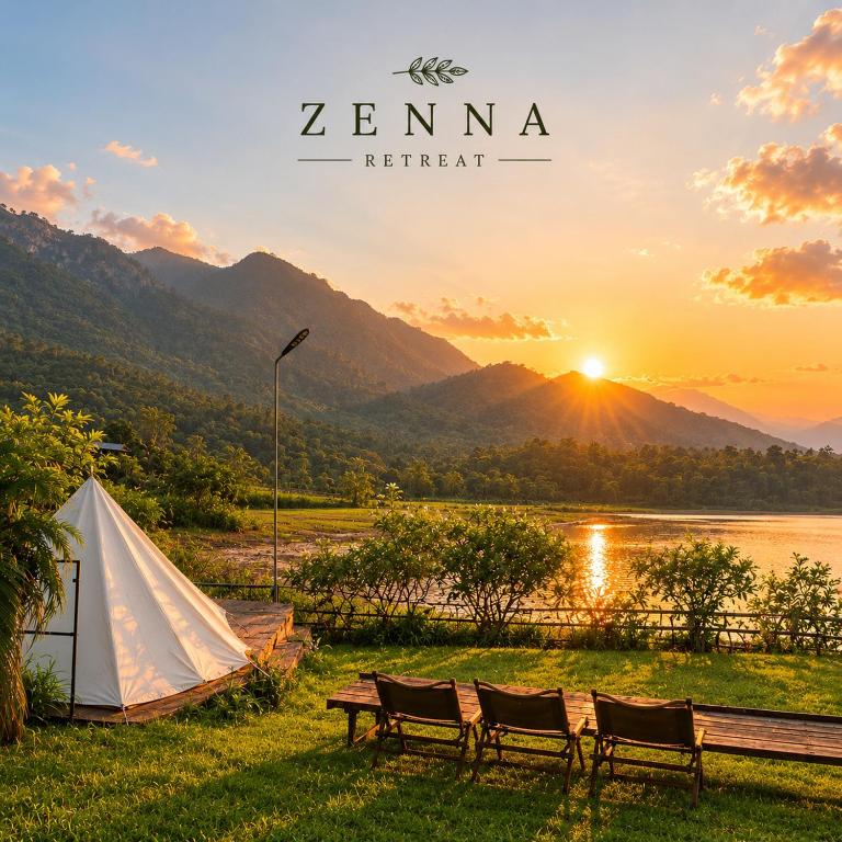 a tent and chairs next to a lake with the sunset at Zenna Lake Retreat in Tien Xuan