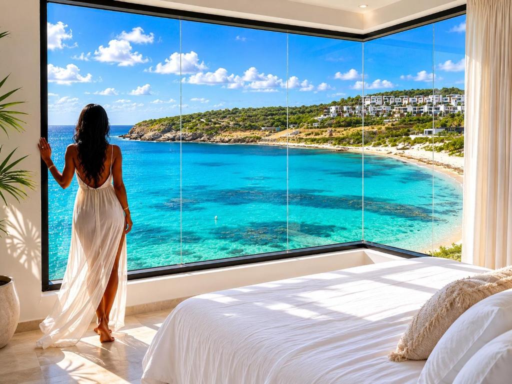 a woman standing in a bedroom looking out at the ocean at condostmaarten by the sea -Adults Only- in Koolbaai