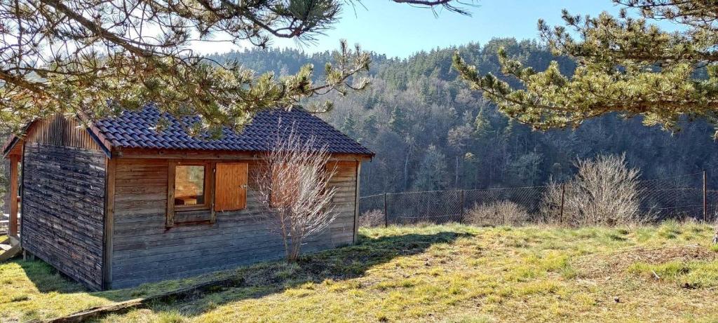 a small cabin in the middle of a field at Chalet ondalis in Le Malzieu-Ville