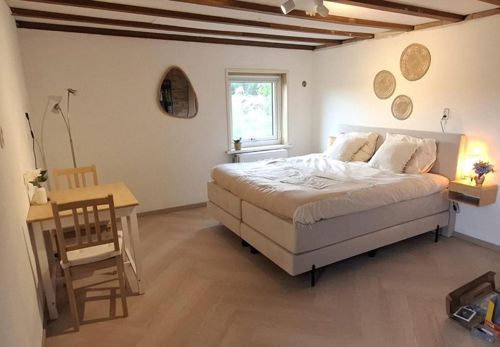 a bedroom with a bed and a table and a chair at Onder de regenboog in Egmond aan den Hoef