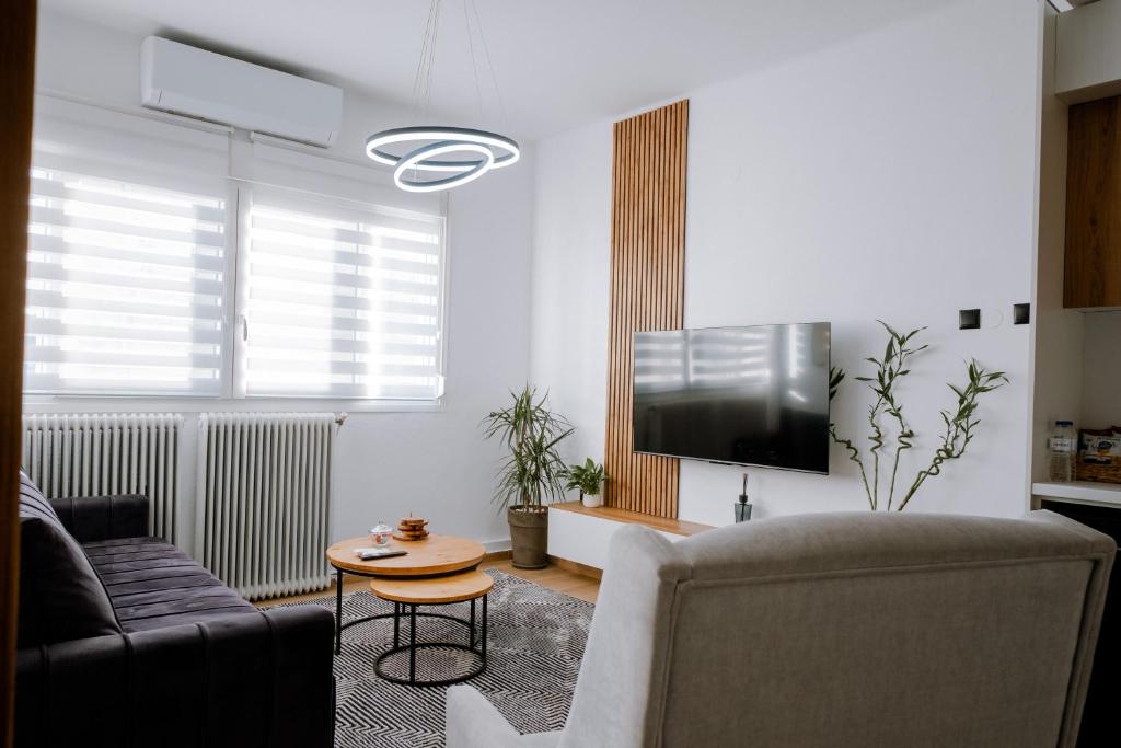 a living room with a couch and a tv at FOS Kastoria in Kastoria