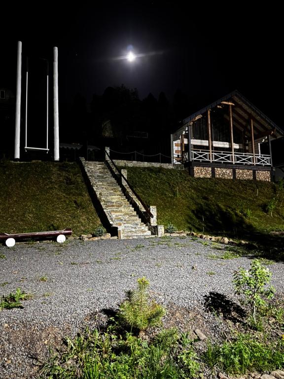a group of stairs in front of a building at night at Zrub House in Slavske