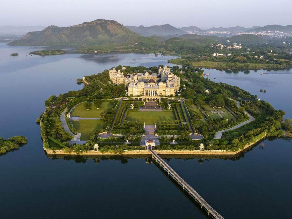 an aerial view of a large island in a lake at Raffles Udaipur in Udaipur