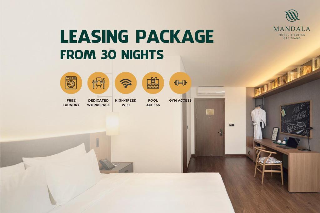 a room with a bed and a sign that reads leasing package from nights at Mandala Hotel & Suites Bac Giang in Bắc Giang
