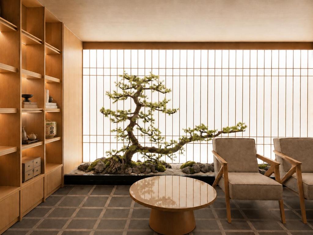 a living room with a bonsai tree in front of a window at KIORI Collection Gokomachi in Kyoto