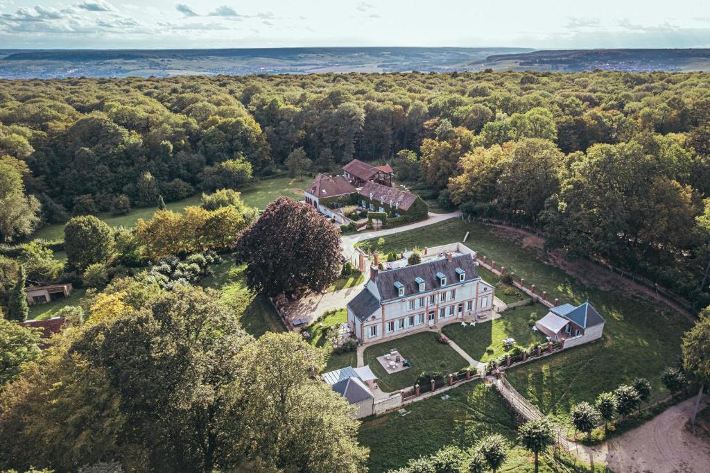 an aerial view of a large mansion with trees at Château de la Malmaison in Champillon