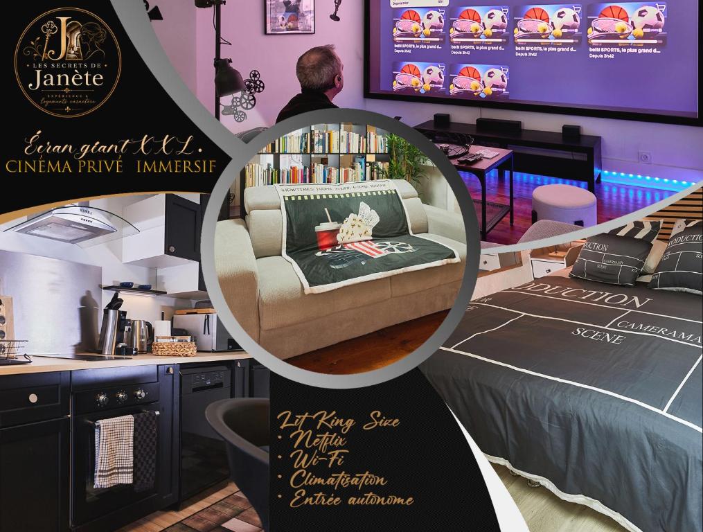 a collage of photos of a room with a bed at Cinéma Privé Maison Cosy Romantique in Riom