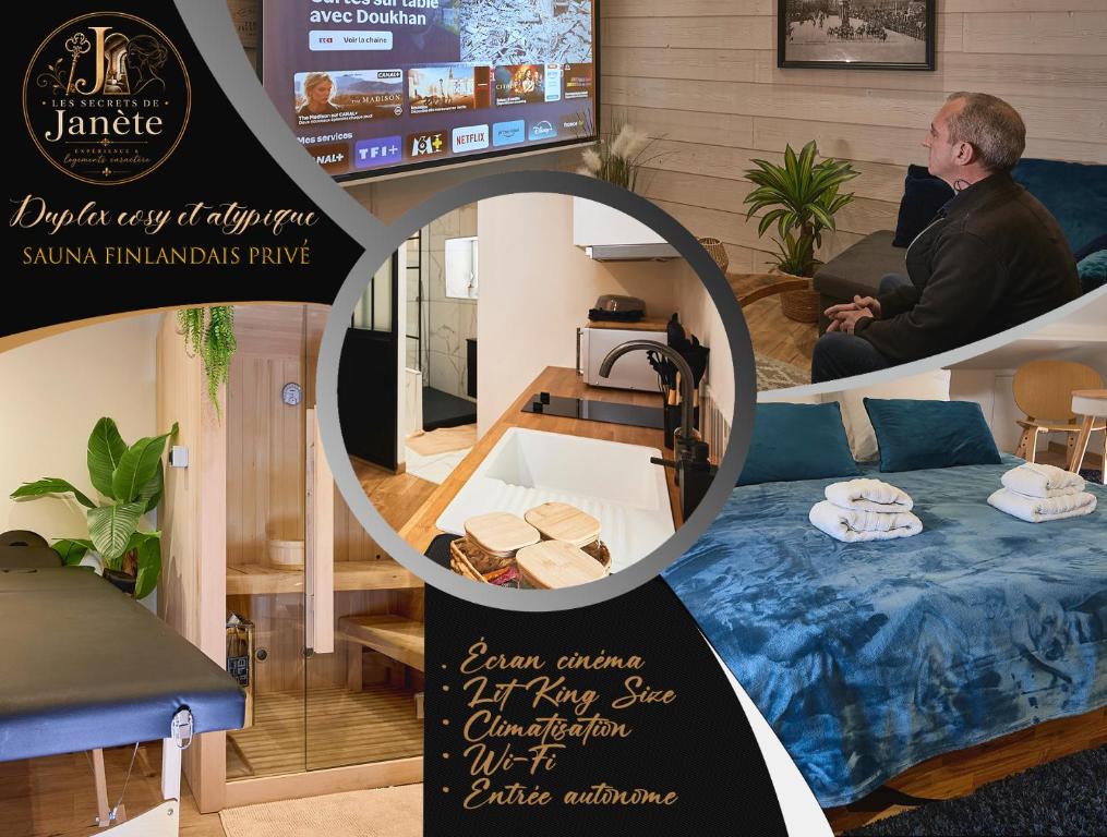 a collage of three pictures of a living room at Duplex Sauna Cinéma in Riom